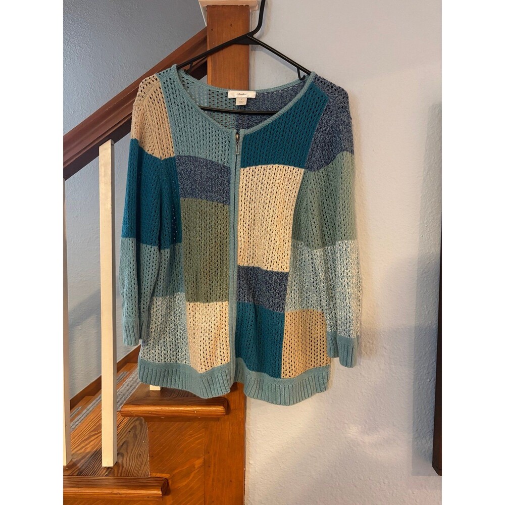 CJ Banks Open Knit Zip Cardigan Sweater XL Blue Colorblock Coastal Grandma Boho